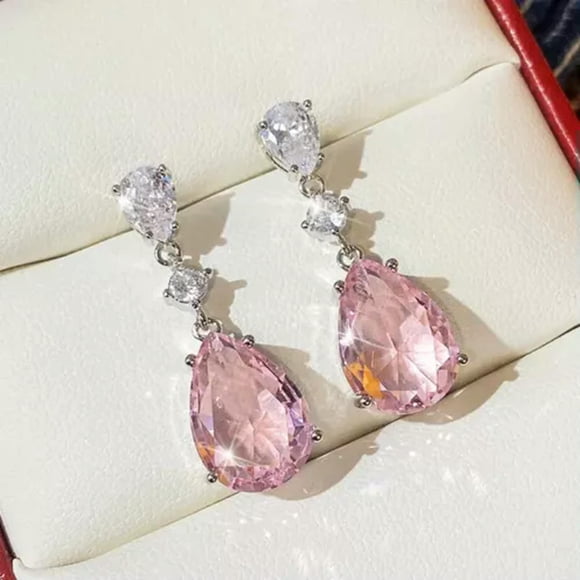 HOOUN 1.25'" Long Pink Teardrop Rhinestone Crystal Prom Pageant Earrings Drop Dangle