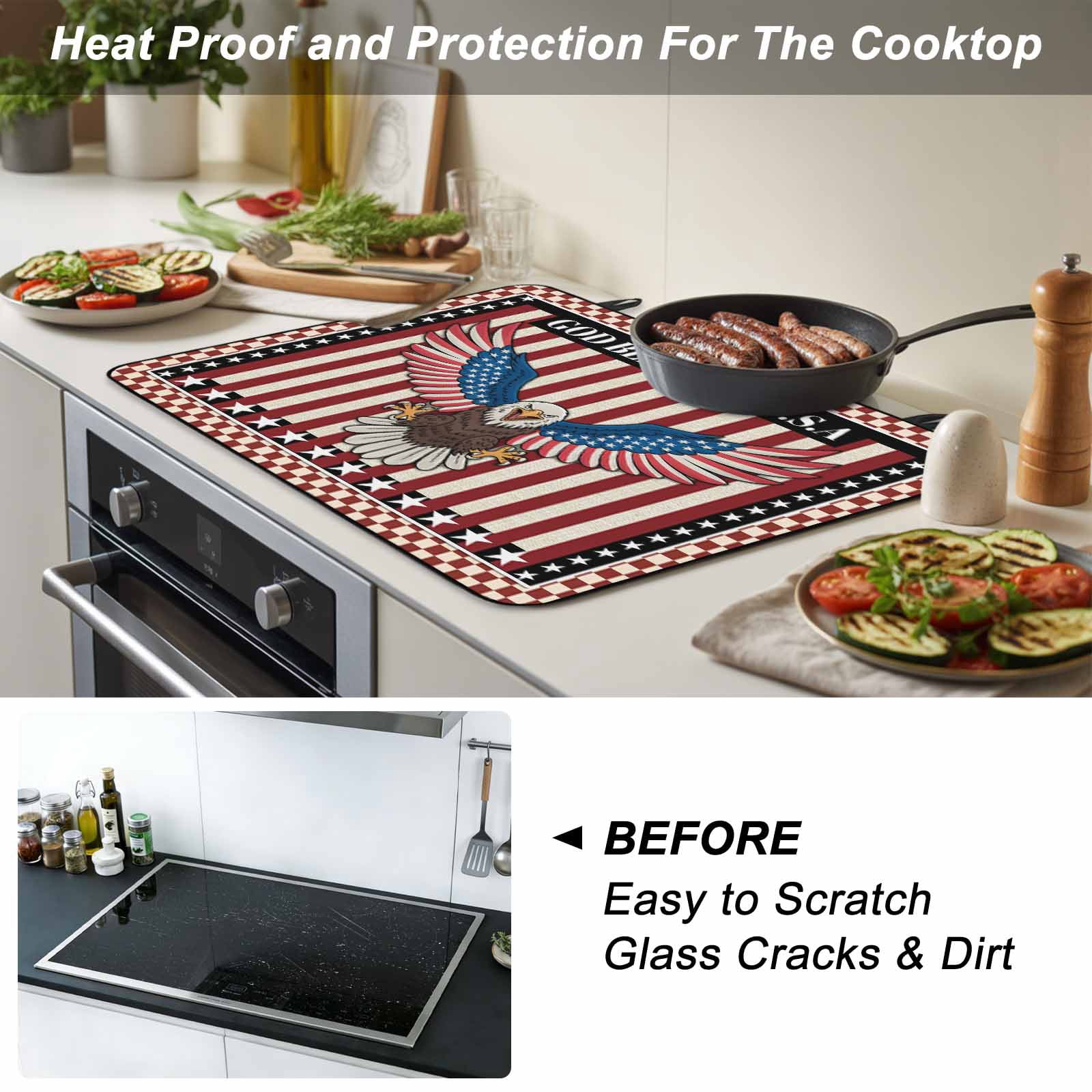 Independence Day Stove Top Cover for Electric Stove, Heat-proof & Non Slip Glass Top Stove Cover Protector, Eagle U.S Flag Red Blue Stripes Retro Kitchen Flat Cooktop Rubber Mat 24x21 Inches