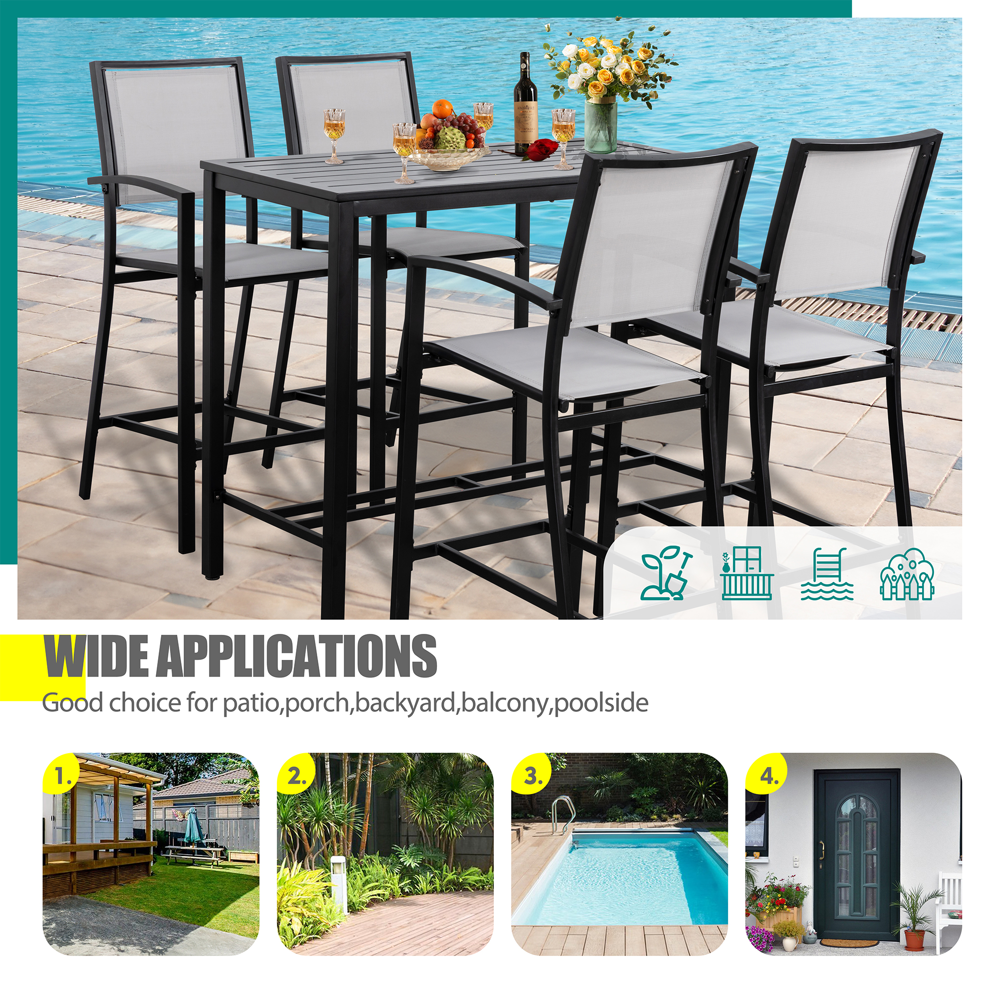 Walsunny 5 Piece Patio High Bar Set, Outdoor Bistro Set All Weather Metal Textilene Patio Dining Set Stools Chair of 4 and Bar Table Gray - image 4 of 7