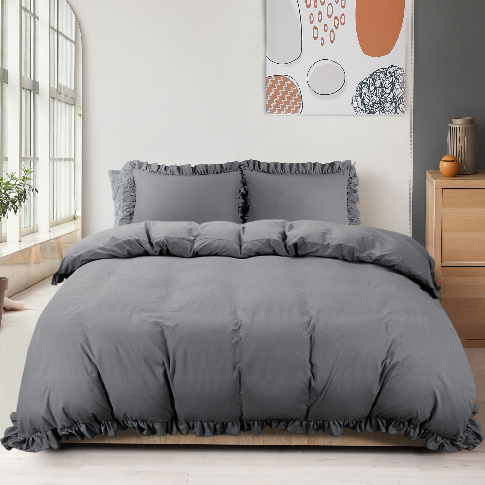 Unique Bargains 110GSM 3 Pieces Ruffle Brushed Duvet Cover Sets Queen Dark Gray