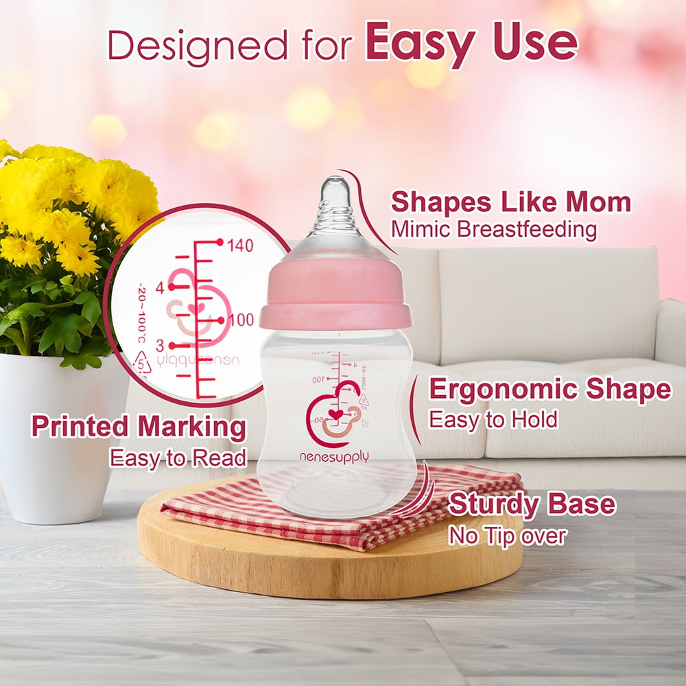 Nenesupply Natural Baby Bottles Newborn Flow Feeding Bottles Breastfeeding Bottle for Breastfed Babies Wide Neck 4.7oz Anti Colic Level 1 Nipple for 0+ Month Infant Replace Spectra Bottles for Pumpin