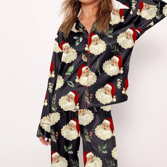 SheShow Vintage Santa Print Silky Casual Long Sleeve Pajama Set for Women, Black, XS