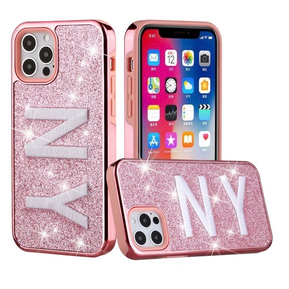 For Iphone 13 6.1 Embroidery Bling Glitter Chrome Hybrid Case Cover - Ny On Pink
