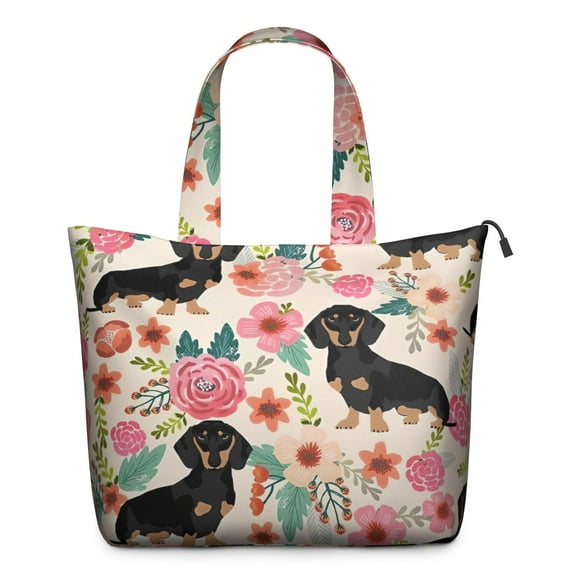 Dachshund and Flower Travel Tote Bags for Women Carry On,Large Weekender Bags for Women Travel,Multi Functional Duffle Bag for Work,Shopping,Sports