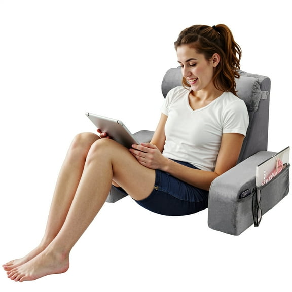 VEVOR Reading Pillow, Backrest Support Pillow with Arm and 3 Pockets, Large Size Bed Pillow with Removable Headrest & 25D Sponge, Handle for Easy Carrying, for Reading, Gaming, Resting, Working, Grey