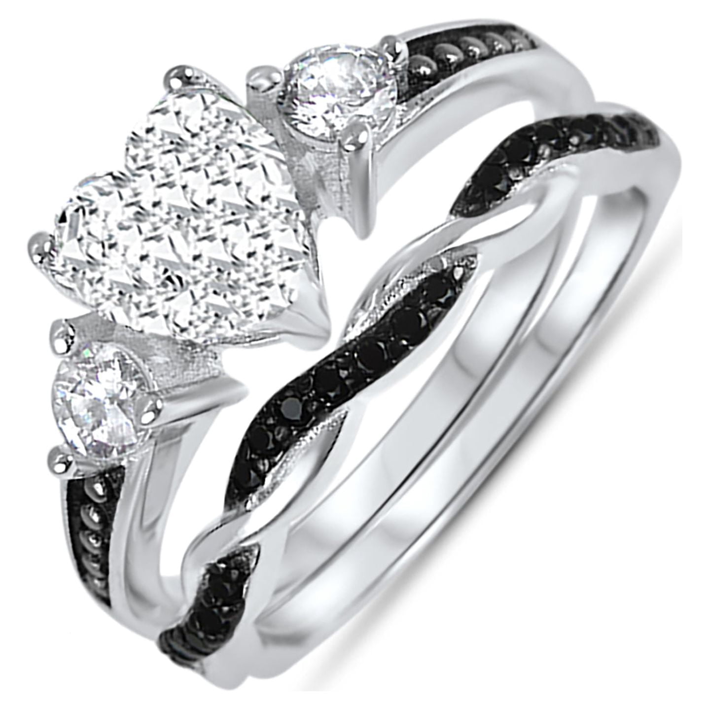 LaRaso & Co His Her Wedding Ring Set Trio Sterling Silver Black Wedding Band Engagement Ring Set 7/9
