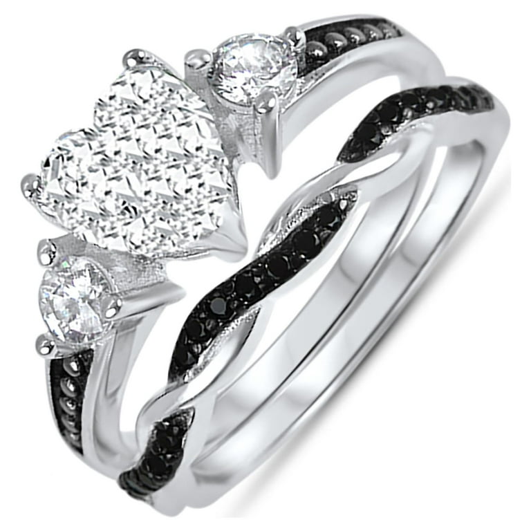 His and Hers 3 Piece Trio Sterling Silver Black Wedding Band Engagement  Ring Set 8/14 