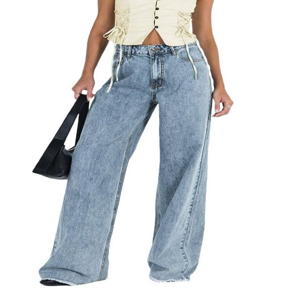 Women High Waist Wide Leg Jeans Trousers Solid Color Elastic Casual Baggy Denim Flared Pants Streetwear Blue M