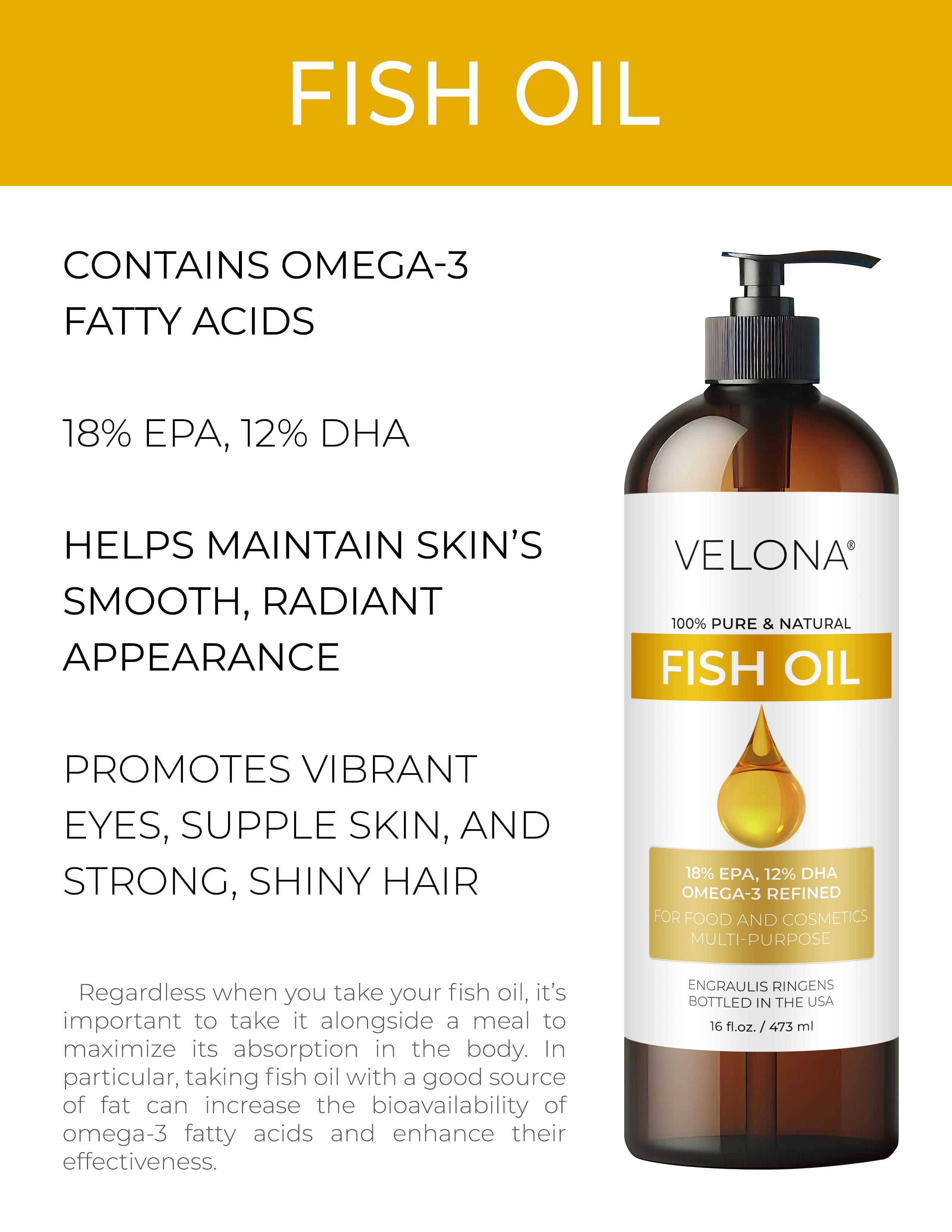 Fish Omega-3 Oil by Velona - 32 oz | 100% Pure and Natural Carrier Oil | Refined, Cold pressed | Vitamin E, D, Omega-3 | Cooking, Skin, Face, Body, Hair Care | Use Today - Enjoy Results