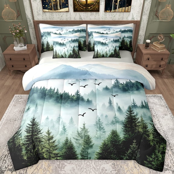 Manfei Wetsern Farmhouse Adult Twin Bedding Sets 7-Piece, Green Landsacpe Bedding Comforter Set, Rustic Nature Scenery Reversible Sheet Sets, Lightweight Room Decor