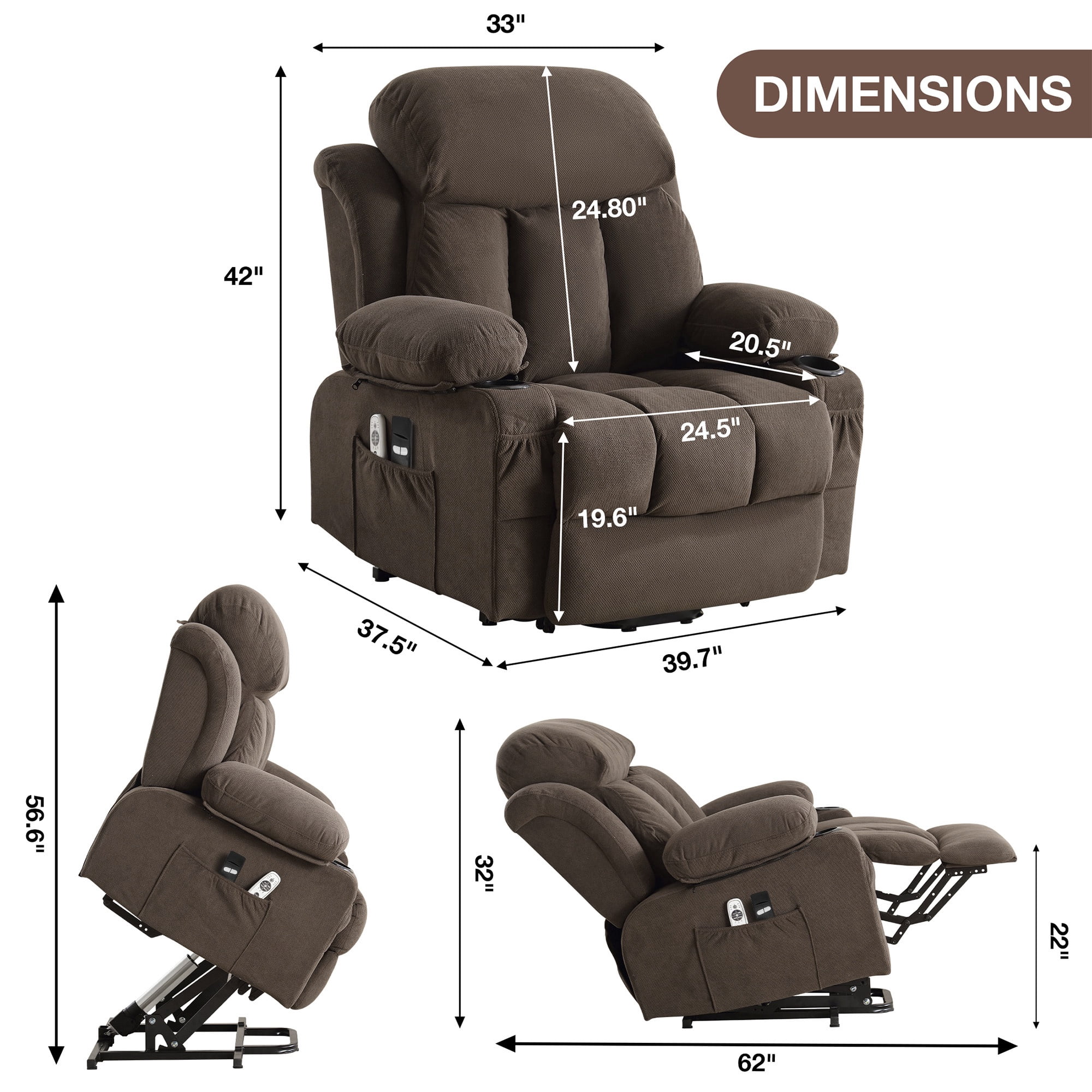 UHOMEPRO Lift Recliner Chair for Elderly and Adult, Electric Recliner with Heat and Vibration Massage, Remote Control, USB Port, Side Pockets & Cup Holders, Brown
