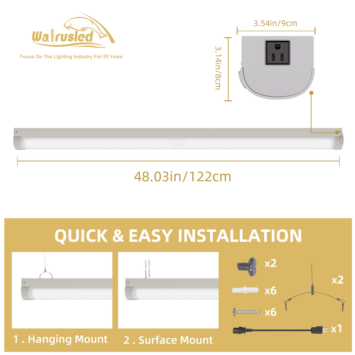 4FT Linkable 80W LED Shop Light, 8800lm, 3000K/4000K/5000K, Utility Shop Ceiling Lights for Garages, Workshops, SCR Dimmable 4 Foot Linear Strip Work Light Fixture with Plug and Power Cord, FCC