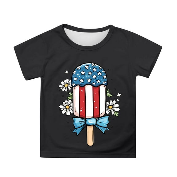 MIXUE Toddler Girls Tops & T-Shirts Summer Fourth Of July Independence Day Ice Cream Print Round Neck Short Sleeve Casual Party Tshirts Holiday Wear,Black,3-4 Years
