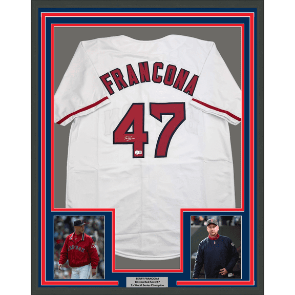 Framed Autographed/Signed Terry Francona 35x39 Boston White Baseball Jersey Beckett BAS COA