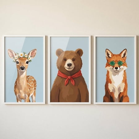 Whimsical Portrait Woodland Animal Wall Art Set of 3 Nursery Wall Decor Deer Bear Fox Illustration Forest Animal Prints Kids Room Decor Set 3