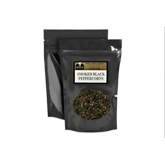 Smoked Black Peppercorns - 8 oz. ( 0.50 lbs. ) - resealable stand up pouch bag with oval window