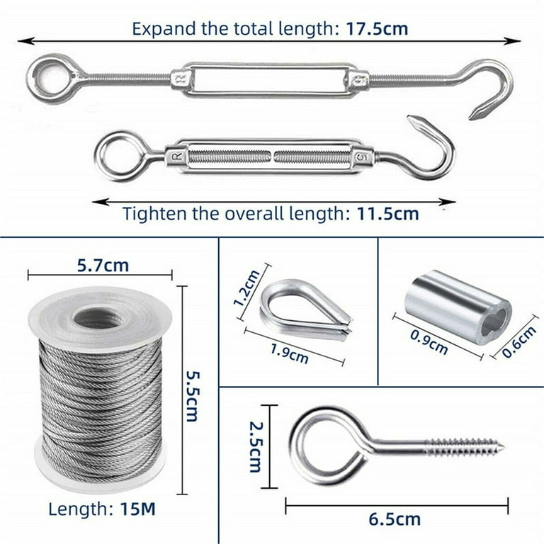 Sufanic 49ft 2mm Stainless Steel Wire Rope Cable Hooks Hanging Kit Tent Rope, Size: 1.9