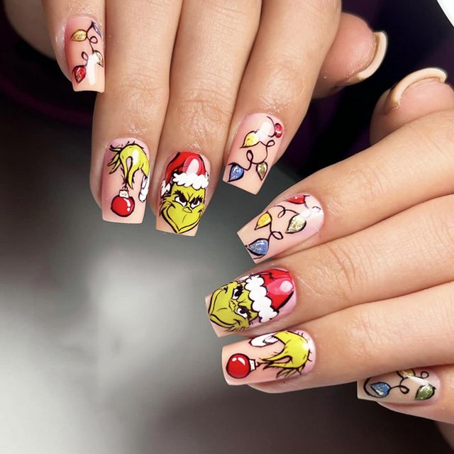 Uñas postizas navideñas, uñas postizas largas de ataúd, uñas postizas rojas de cubierta completa con diseño Grinch, uñas postizas de invierno, uñas acrílicas artificiales navideñas, suministros de dec