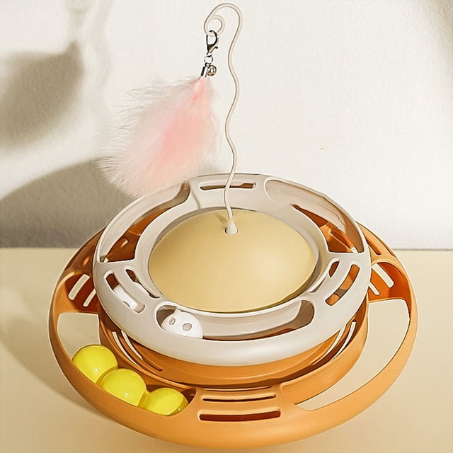 Plato giratorio para gatos, juguete interactivo divertido de plumas, plato giratorio Circular, juguetes para gatos, gatitos, blanco y amarillo