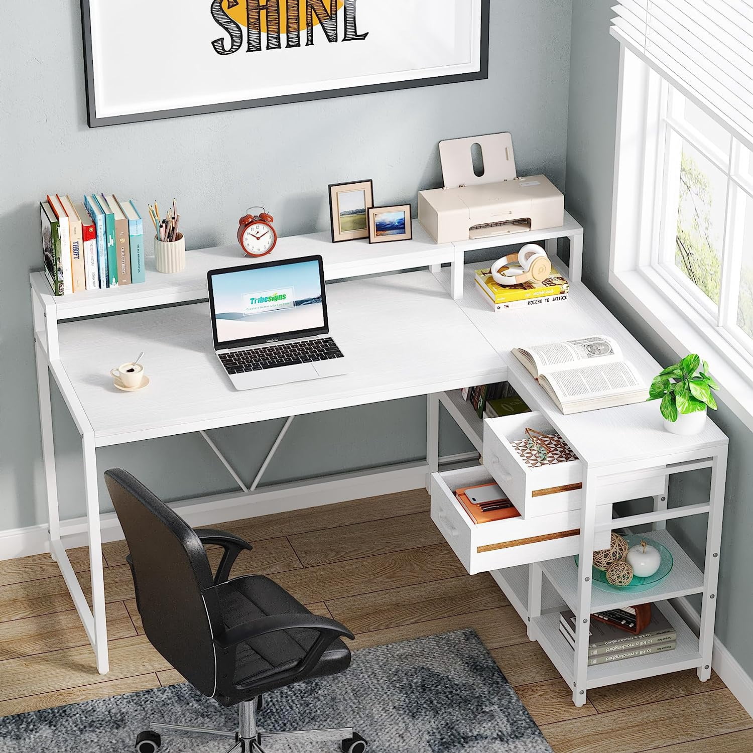 Tribesigns L Shaped Desk with Drawers and Monitor Stand, Reversible Corner Desk with Storage Shelves for Samll Home Office (White)