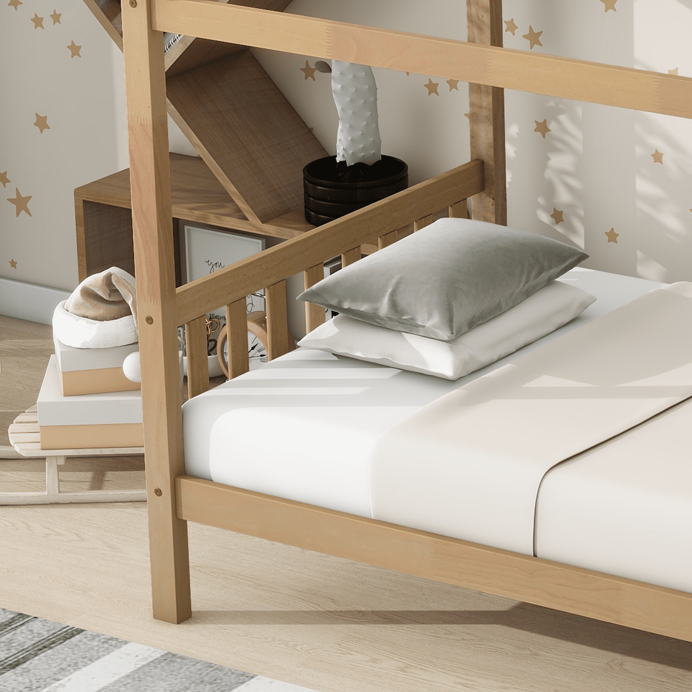 SESSLIFE House Bed with Fence, Wood House Bed, Floor Bed Frame, Twin Canopy Bed for Bedroom, No Box Spring Needed (Natural)