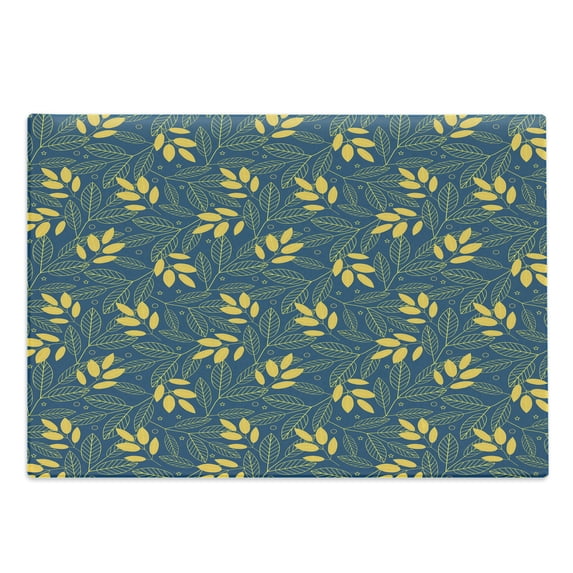 Yellow and Blue Cutting Board, Autumn Season Foliage with Stars Circles on Blue Shade Background, Decorative Tempered Glass Cutting and Serving Board, Large Size, Dark Blue and Yellow, by Ambesonne