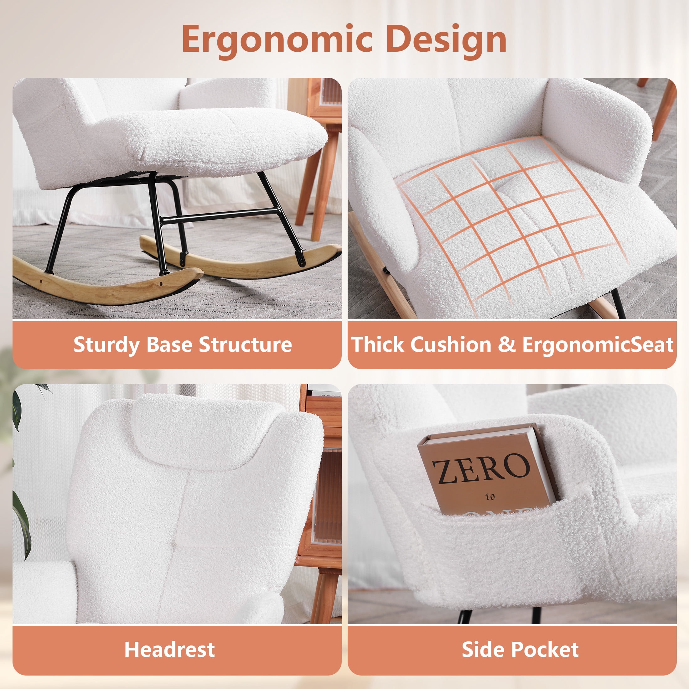 Vipuse Metal Frame Modern Rocking Chair with High Backrest & Padded Seat - Stylish Nursery, Bedroom, and Living Room Accent Chair