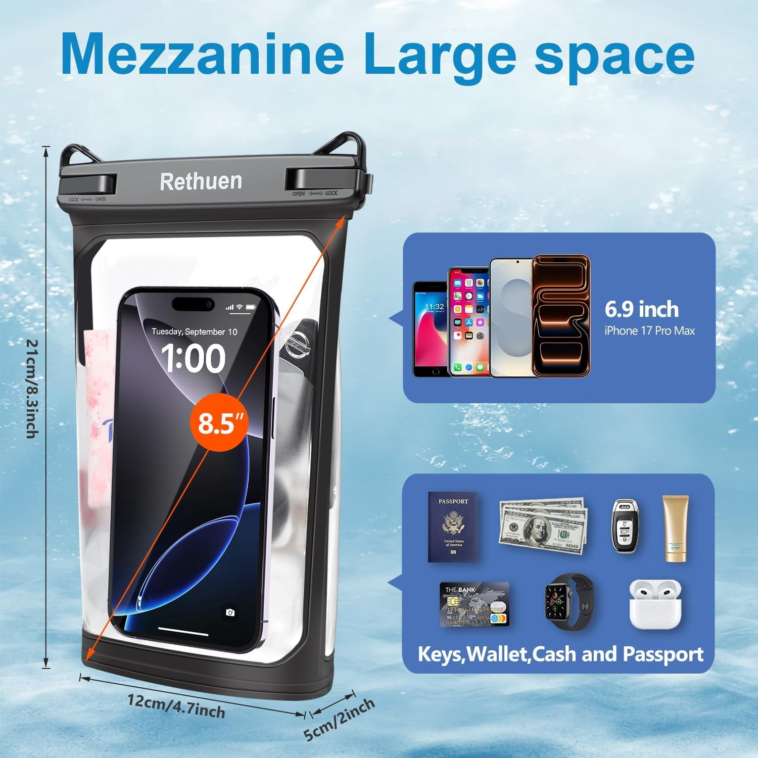 Large Waterproof Phone Pouch, 2Pack Floating Waterproof Bag for iPhone 17 16 15 Pro Max Galaxy S26 S25 S24 Ultra All Phones, Cell Phone Dry Bag for Beach Swimming Rafting Boating (Black + Black)