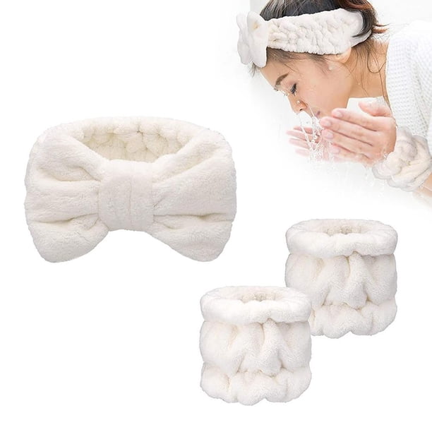 Diadema de maquillaje, conjunto de muñequera para mujeres y niñas, diadema de microfibra de franela para ducha, diadema para el pelo, muñequeras para lavado, Spa, Yoga, deportes