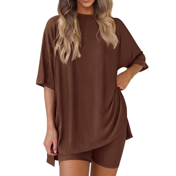 Women's two-piece casual suit summer casual loose shirt cycling shorts match airport travel wear Coffee Color L