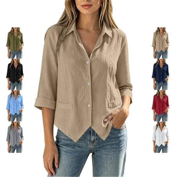 TGSLY Women's Button Down Shirts Lightweight Soft Collared Solid Color Blouses Loose Dressy Casual Cuffed 3/4 Sleeve Cotton Tops XXL