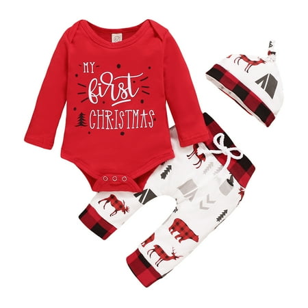 

My 1st Christmas Newborn Baby Boy Girls 3PCS Outfits Long Sleeve Romper Long Pants With Hat Clothes Sets