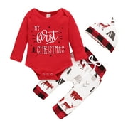 One opening Newborn Baby Boy Girl My First Christmas Outfits Red Romper Bodysuit+ Print Pants+ Hat 3Pcs Infant Christmas Pajamas Set