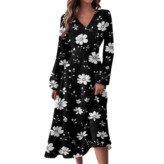 Women's Autumn Winter Casual Fashion V-Neck Long-sleeved Floral Print Long Dress, Black, Size L