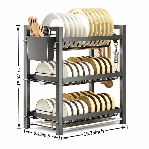 3‑Tier Kitchen Dish Rack, Countertop Dish Drainer with Removable Water Tray, Rust‑Resistant Carbon Steel Tableware Storage Organizer
