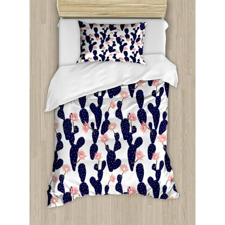 Themed Bedding Sets Navy and Blush Duvet Cover Set, Cactus Tropical Garden Theme Blossoming Succulent Plants Exotic Botanical, Decorative Bedding Set with Pillow Shams, Indigo Coral, by Ambesonne ()