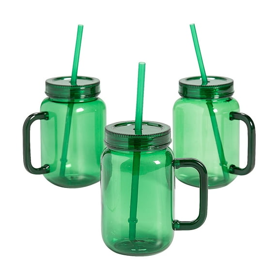 16 oz. Green Reusable Plastic Jar Mugs with Lids & Straws - 6 Ct