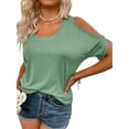 thumbnail image 3 of Crew Neck Women Solid Color Casual Cold Shoulder Tops Off Shoulder Summer T-shirt, 3 of 4
