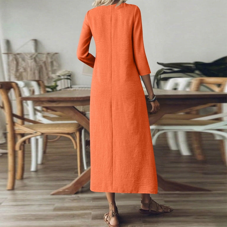 Vekdone Linen Maxi Dress for Women Summer 3/4 Sleeve V-Neck Boho Long Dress Elegant Solid Color Loose Fit A-Line Dress Orange XXL