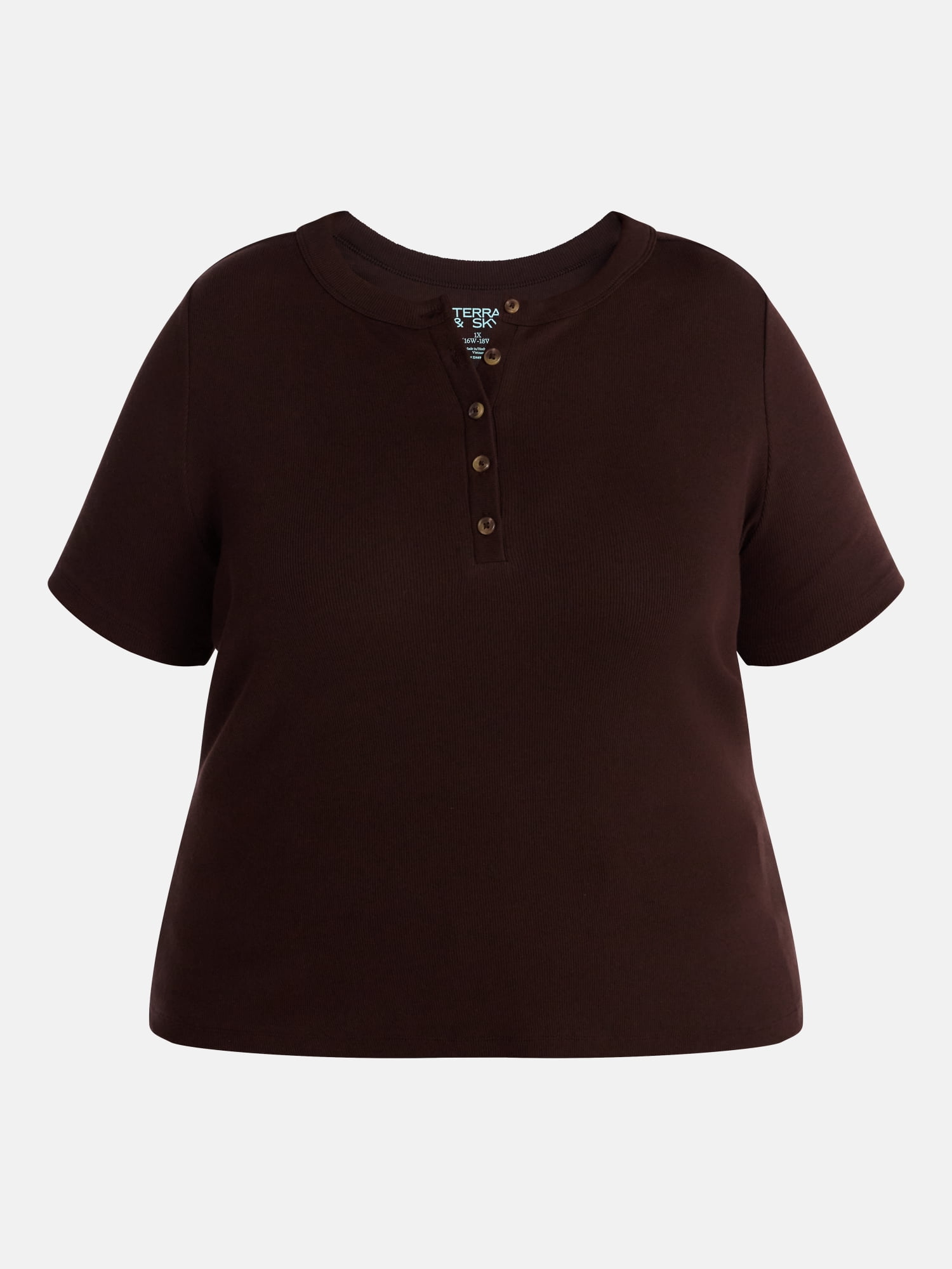 Terra & Sky Women's Plus Ribbed Henley Top with Short Sleeves, Sizes 0X-5X