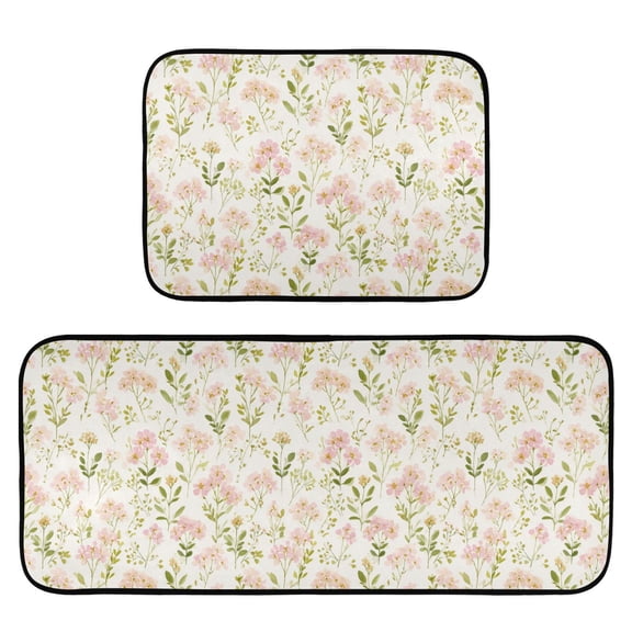 2-Piece Kitchen Mat Set Non Slip Washable Floor Mats Decorative Rugs for Kitchen Sink Laundry Pinks and Greens Wildflowers