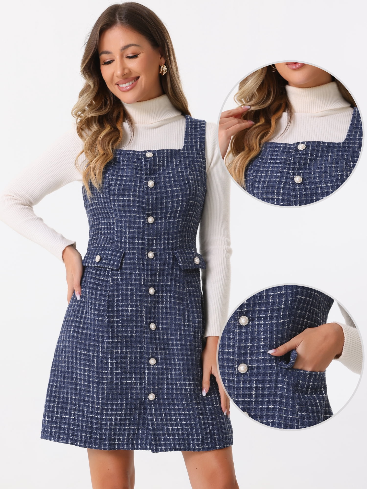 DARING DIVA Women's Tweed Square Neck A Line Pinafore Dresses XS Navy Blue