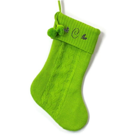 Cable Knit Stocking Monogrammed Christmas Stocking, Green Cable Knit with Poms with Red Script Glitter Initial ()