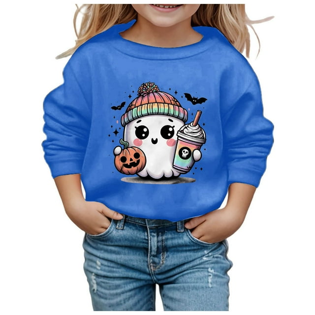 GDREDA Sweat à Capuche à la Mode pour Filles, Imprimé Mignon, Manches Longues, Col Rond, Idéal pour Sorties Décontractées et Halloween, Bleu, 4-5 Ans