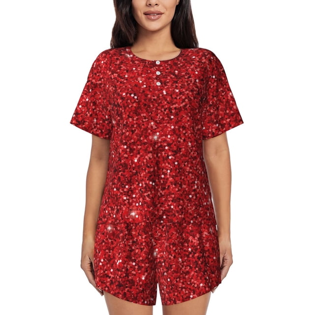 Balery Red Glitter Conjunto de Pijama para Mujer con Estampado, Dos Piezas de Manga Corta y Shorts, Ropa de Dormir Suave con Cuello Redondo y Bolsillos-XX-Large