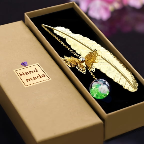 CCOCC Vintage Metal Feather Bookmark 3D Butterfly Pendant Dried Flower Book Lovers Gift Book Accessories with Gift Box