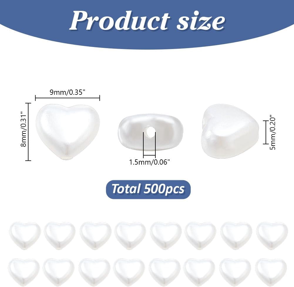 1set 500pcs ABS Plastic Imitation Pearl Beads Heart Seashell color 8x9x5mm Hole: 1.5mm