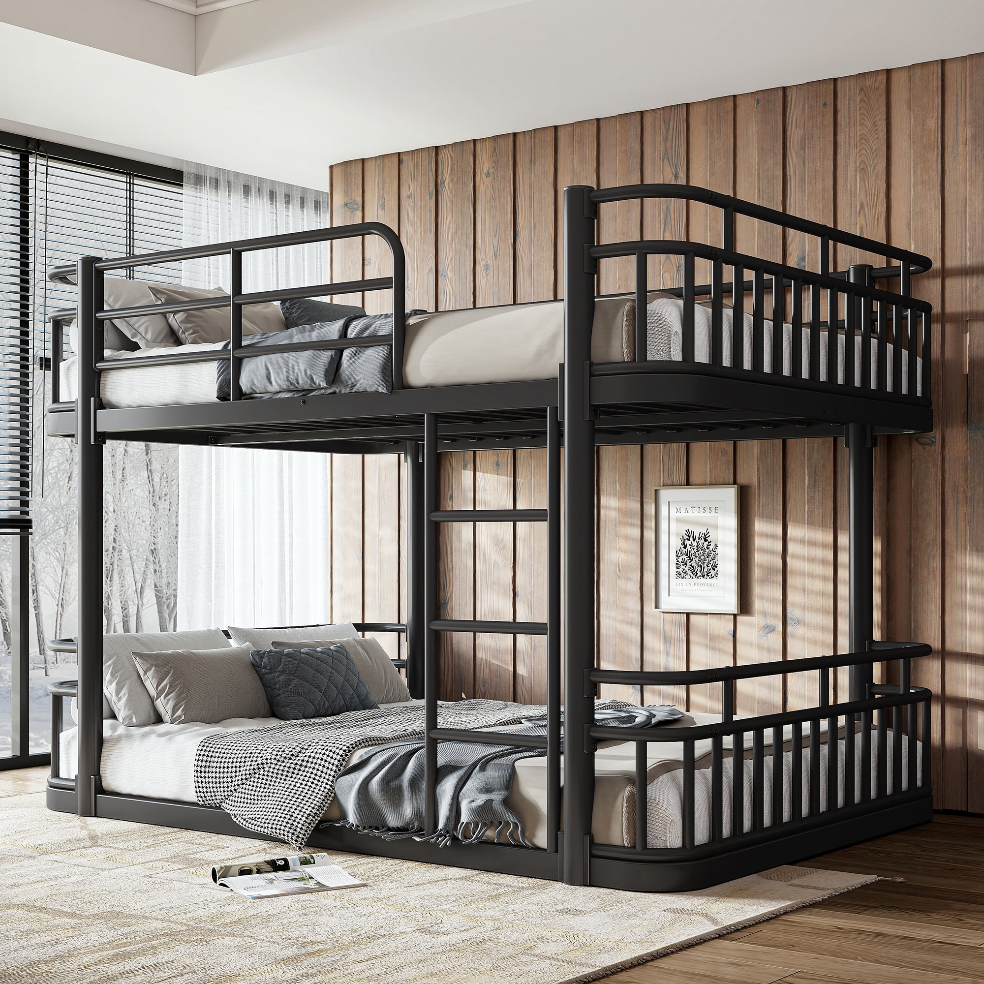 Leumius Full over Full Bunk Bed Frame with Ladders & Guardrails, Upgraded Round-Pipe Metal Frame, Stylish & Versatile for Any Room,Black