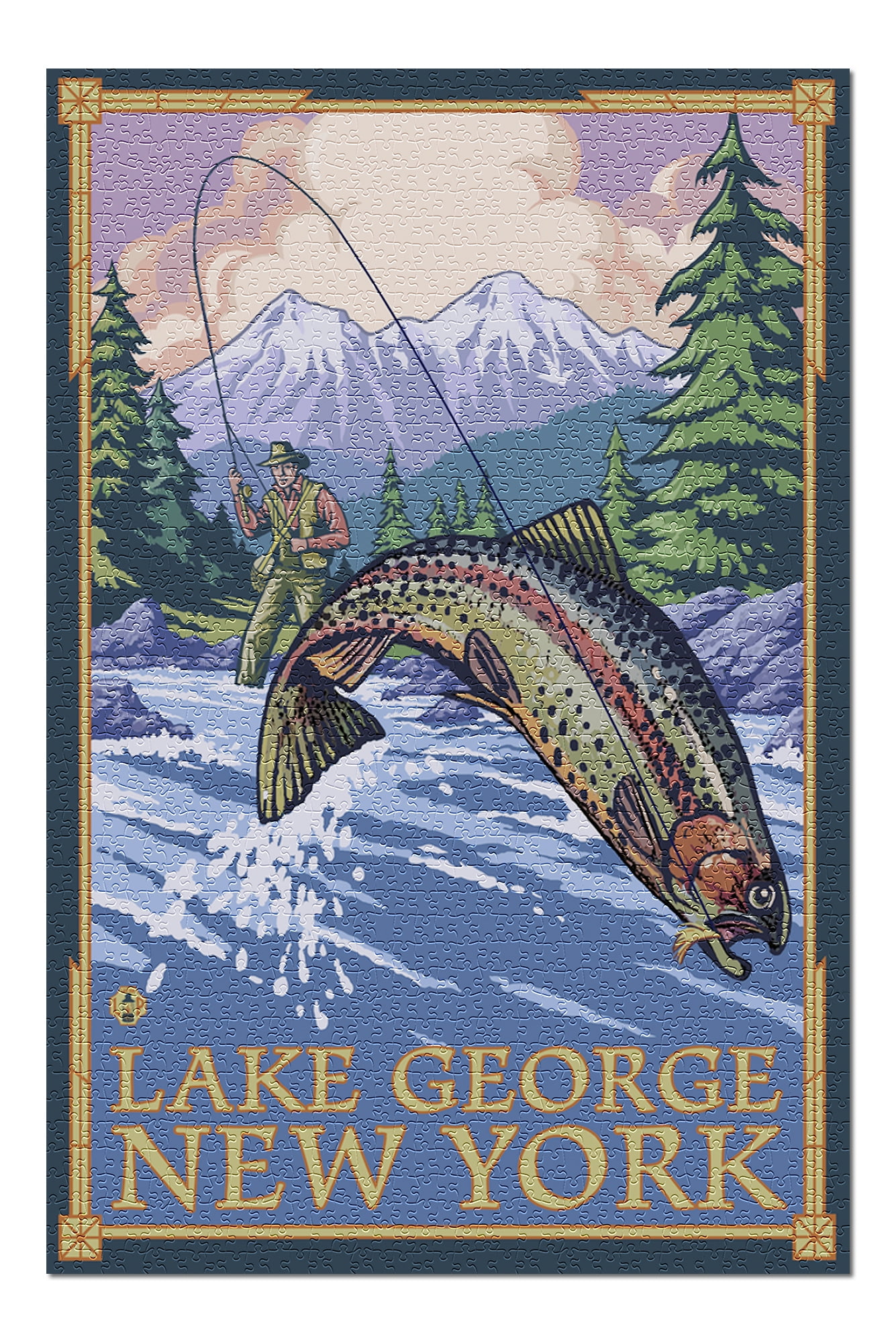 Lake New York Angler Fly Fishing Scene (Leaping