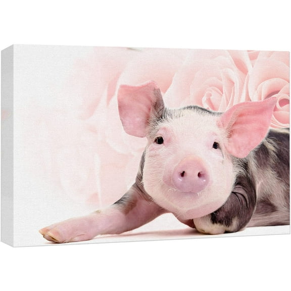 wall26 Canvas Print Wall Art Pink Pig Portrait with Rose Flower Collage Animals Wildlife Digital Art Realism Rustic Scenic Nature Photography Colorful for Living Room, Bedroom, Office - 12"x18&q